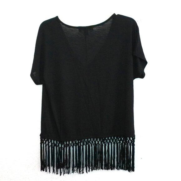 Seductions,  Black V-neck T-Shirt with fringes design - Picture 3 of 7